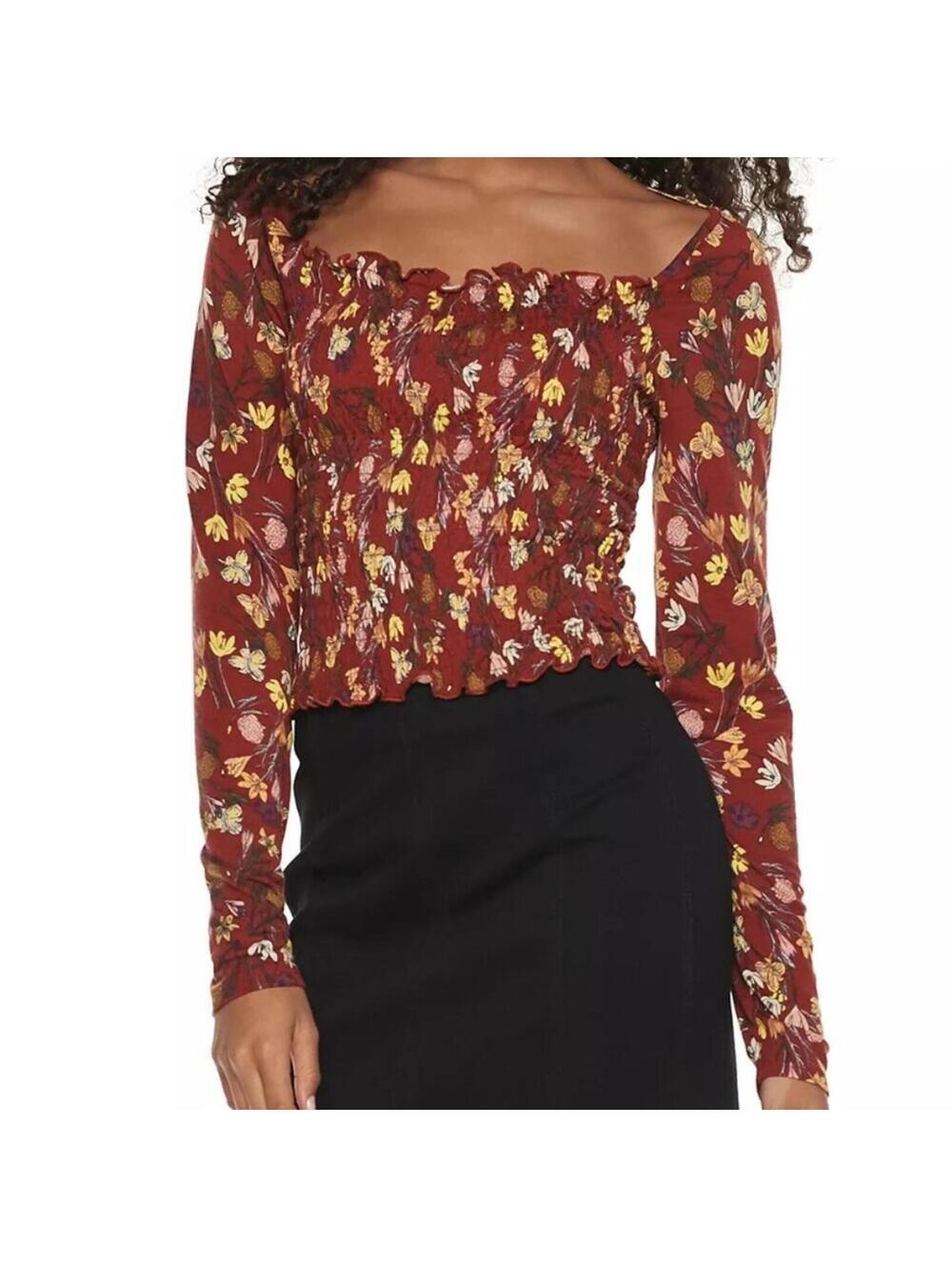 Love Fire Smocked Floral Off Shoulder Crop Top Long Sleeve Burgundy Red XXL NWT